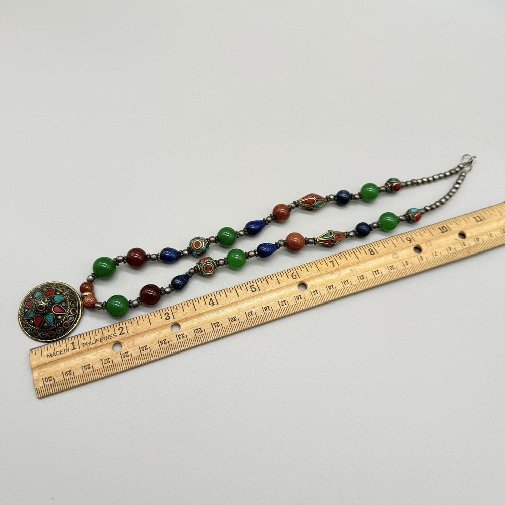 Tibetan Inlay Dome Pendant Necklace Boho Mixed Glass/Semi Precious Beads & Stone - Picture 13 of 16